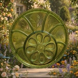 70s Vintage MCM Indiana Glass 13” Olive Green Deviled Egg Relish Tray Round